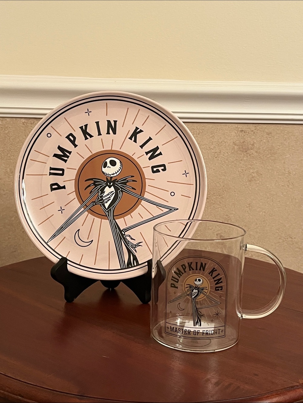 Disney Jack Skellington Pumpkin King Plate & Glass Mug Set NEW